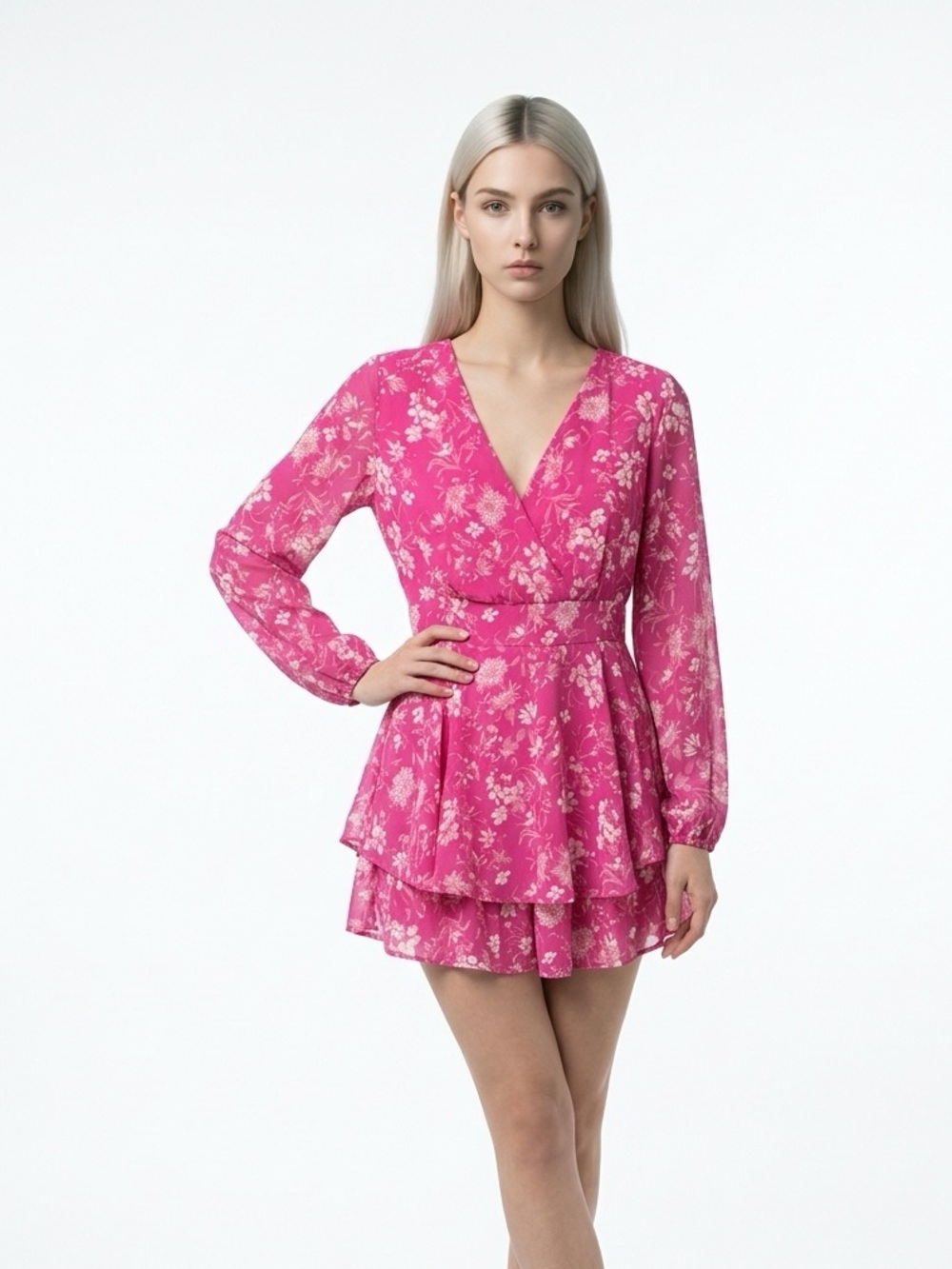 Japna Feminine Pink Floral V-Neck Wrap Dress Medium